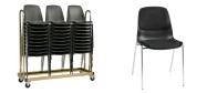 Stabelstole Bertram med krom stel,  sort plastskal, stof på sæde og ryg og påsvejset metalkobling